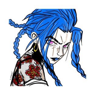 crazy blue hair criminal girl ecopop art in videogame aesthetics T-Shirt