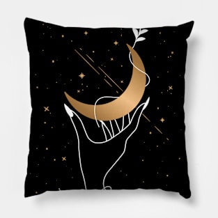 Witchy decor, Moon print, Halloween, Celestial art, Hand holding the moon, Black gold art, Gothic Pillow