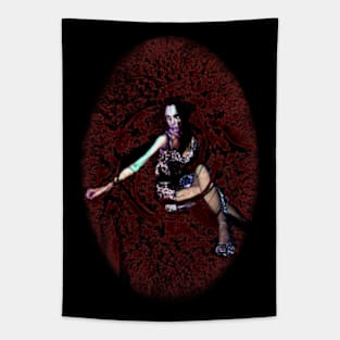 Woman in short dress, sitting in some red and black space. Weird, dark and beautiful. Tapestry