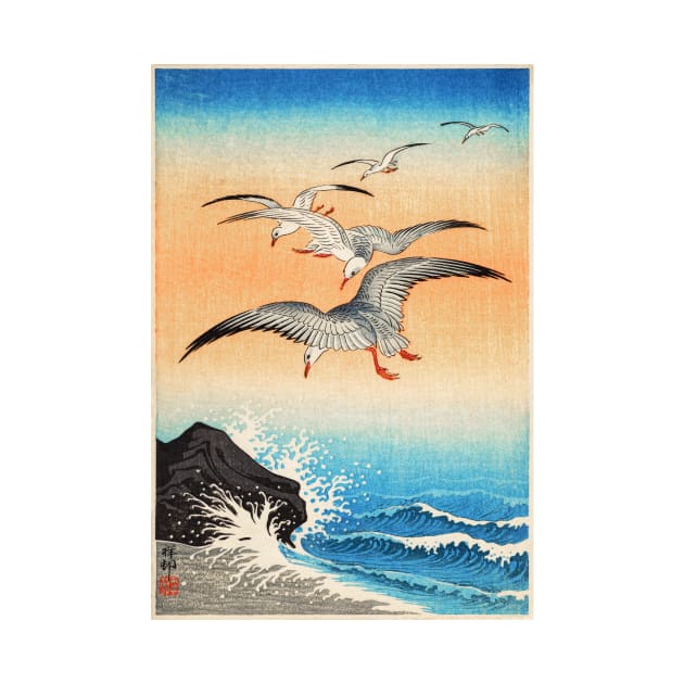 Five Seagulls Over Sea Beach Rocks Japan 1900s Ohara Koson by rocketshipretro