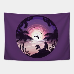 Mermaid Sunset, Beautiful Ocean View, Dolphin Jump Tapestry