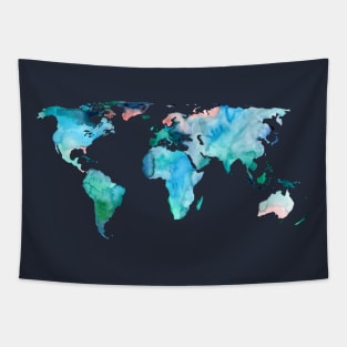 World Map in Indigo, Teal and Blush Pink Tapestry