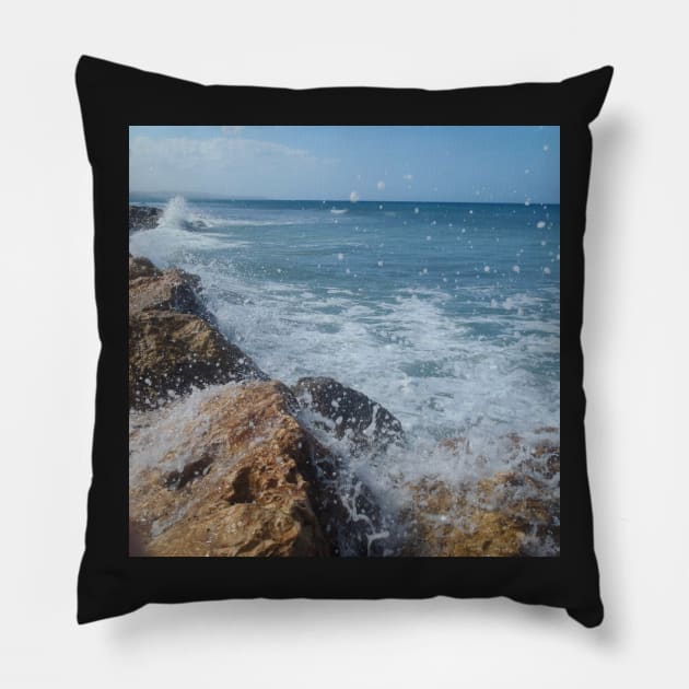 Rock beach, On the rocks, ocean waves surfing the rocks of a splashing dashing restless Caribbean Sea Pillow by Artonmytee