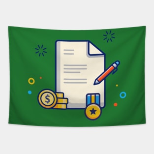 Scholarship, certificate, Coin, Badge And Pen Cartoon Tapestry