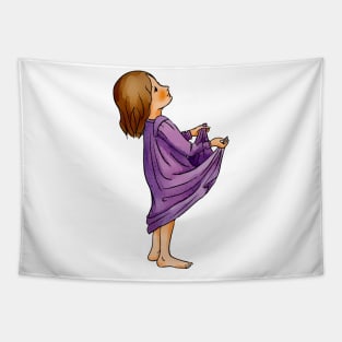 Cute little blond toddler girl in purple jammies is ready to catch something in her held out pyjamas. Tapestry