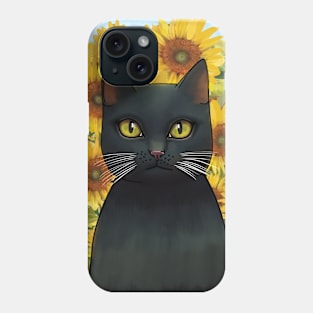 Black cat in a sunflower garden Phone Case