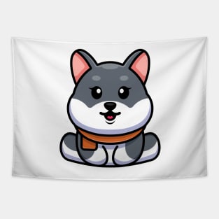 Cute baby husky dog sitting cartoon illustration Tapestry