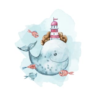 Watercolor cute whale and fish illustration T-Shirt