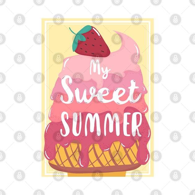 My sweet summer strawberry pink pastel melted ice cream waffle cone cute graphic illustration by Janatshie