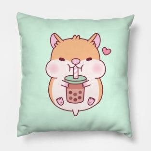 Cute Chubby Hamster Loves Bubble Tea Pillow