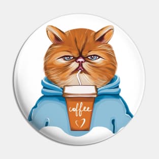 Cat with Coffee in blue hoodie Pin