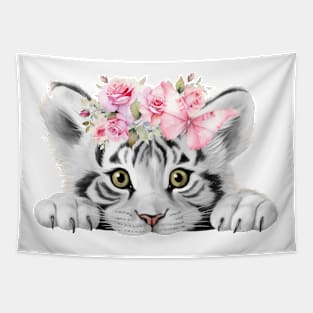 Cute Baby Tiger With Pink Flowers And Butterfly Tapestry