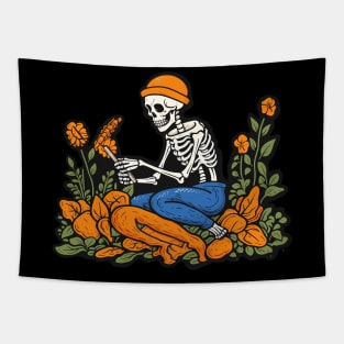 Bones and Botany, Skeleton Picking Flowers and Reading Tapestry