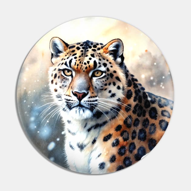 A Proud Snow Leopard Went Hunting, in the Snowy forest, Hight Mountains, Snow Falling, Winter Landscape, Wildlife White Panthera, Watercolor Pin by sofiartmedia