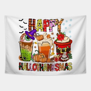 Coffee Halloween Thanksgiving Christmas Happy Hallothanksmas T-Shirt Tapestry