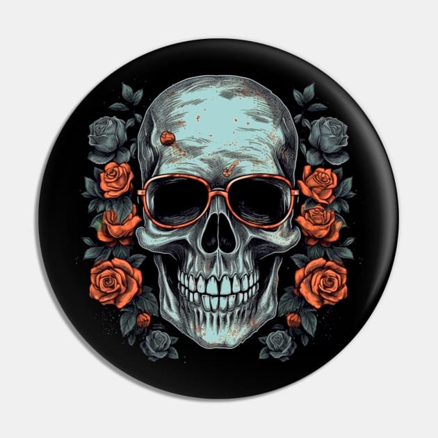 Cool Hipster Skull with Glasses and Roses Pin by Unelmoija