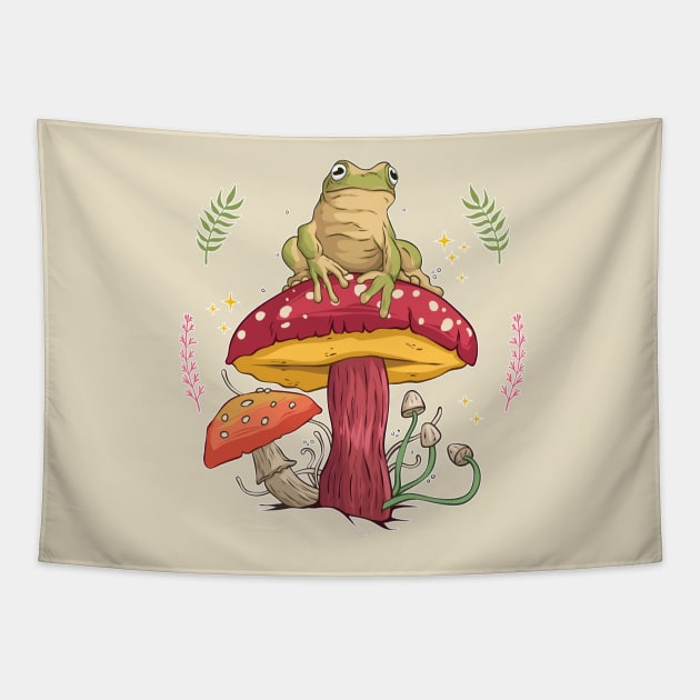 mushroom, frog, cottagecore, toad, cute, Tapestry by laverdeden