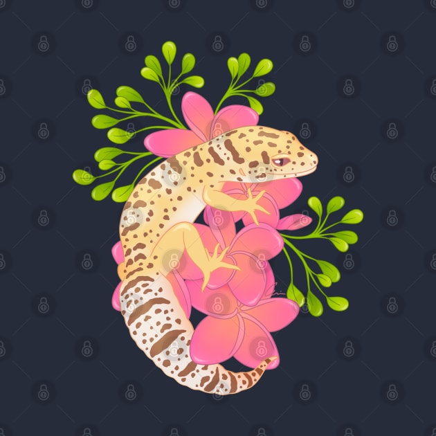 Leopard Gecko, Bell Albino, and Frangipani Flowers by anacecilia