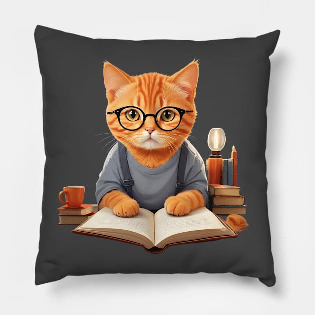 Nerd ginger cat reading book wearing glasses Pillow by Luckymoney8888