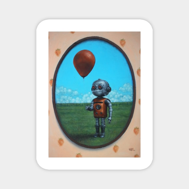 Soon We'll All Have Friends | Robot Boy with Red Balloon | Apocalypse future adorable | Cute and weird cyborg kid Magnet by Tiger Picasso