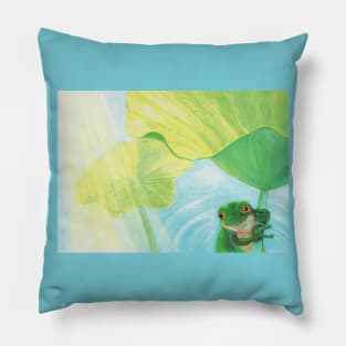 Green Frog under Lily Pad Pillow