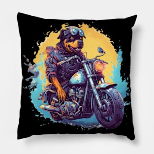 A whimsical t-shirt design featuring a Rottweiler Dog on a quirky motorcycle Pillow