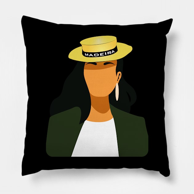 Madeira Island female no face illustration using the traditional straw hat Pillow by Donaby