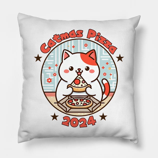 Catmas Pizza 2024 Pillow by Japanese Fever