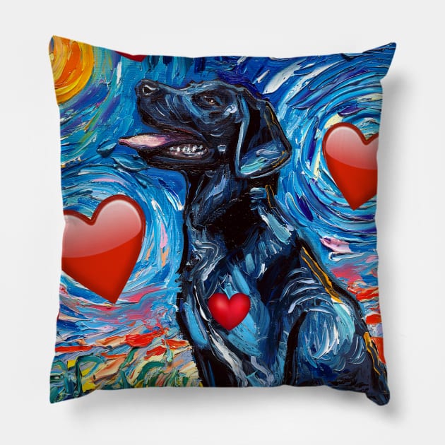 Black Labrador Night with hearts Pillow by sagittariusgallery