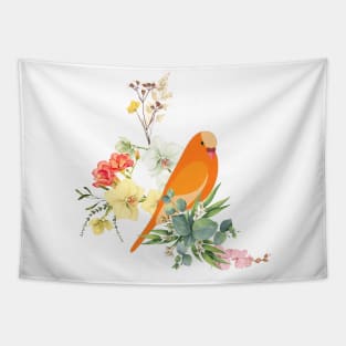 Blooming Flowers and Orange Color parrot Colorful Art Tapestry