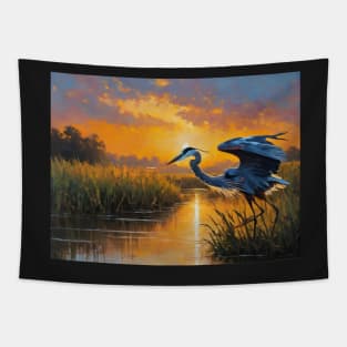 Blue Heron in a Marsh Tapestry