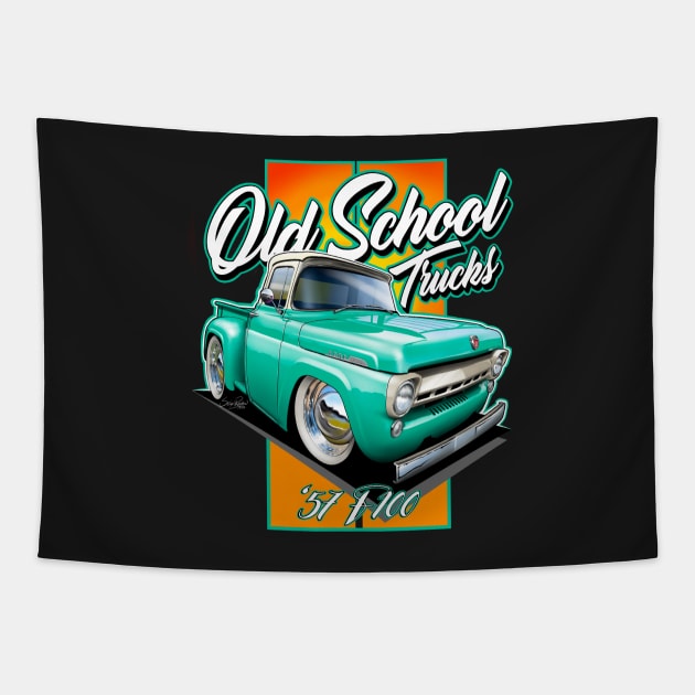 Old School Trucks ‘57 Ford F100 Cartoon (Turquoise) Tapestry by stefansautoart