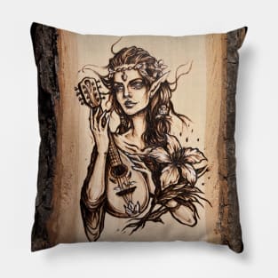 Elf bard - pyrography print - wood texture Pillow