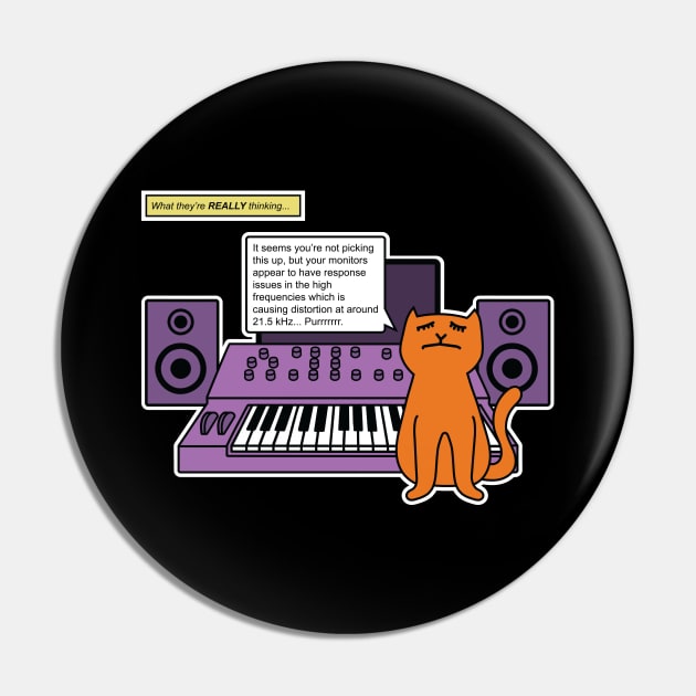 Cat on Music Studio Desk with Analogue Synthesizer Pin by Atomic Malibu