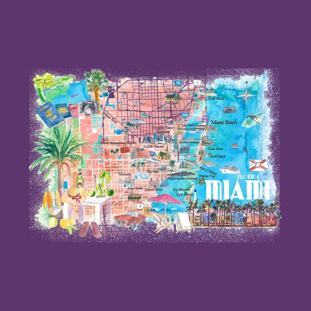 Miami Florida Illustrated Travel Map with Roads and Highlights by artshop77