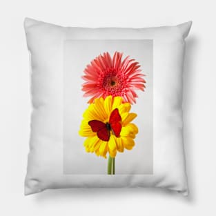 Red Butterfly On Yellow Mum With Pink One Pillow