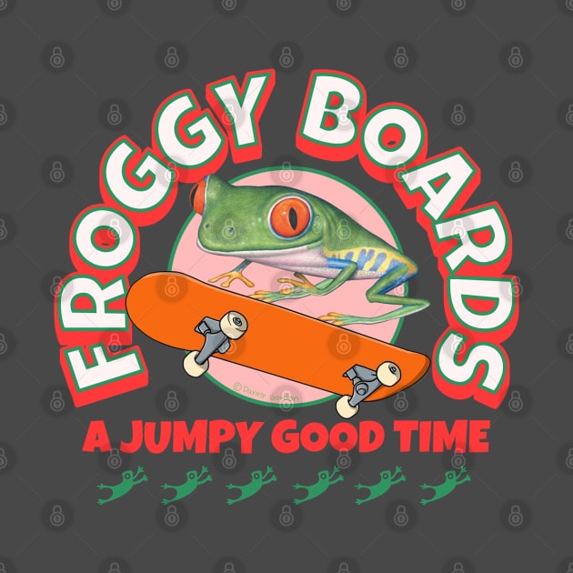 Funny and Cute Flying Frogs with a Red Eyed Tree Frog riding a  skateboard having a jumpy good time tee by Danny Gordon Art