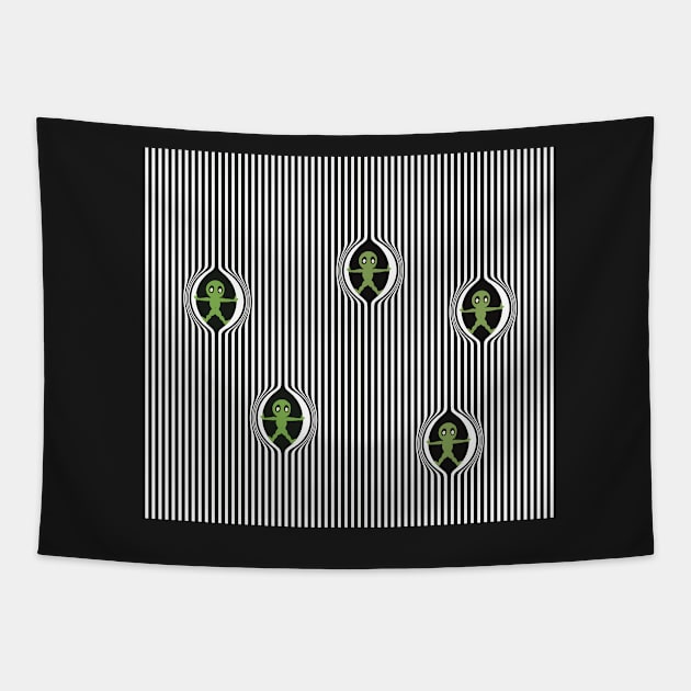 The arrival of small green men out from the striped black and white pattern Tapestry by marina63