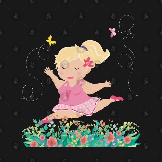 The chubby cute ballerina dances in the flower meadow, enjoying every moment, no text by marina63