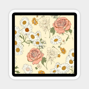 Hand-drawn floral motifs. Delicate daisies and roses scattered on a pale yellow background. Vintage flower wallpaper. Magnet