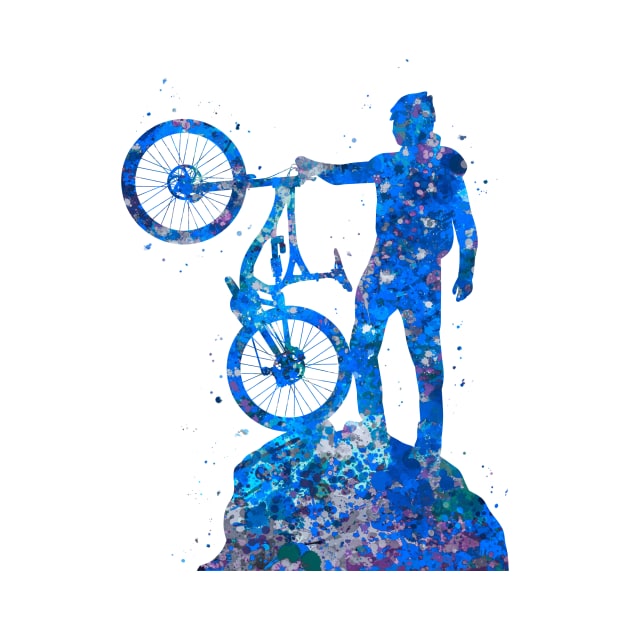 Downhill mountain bike watercolor blue art by Yahya Art