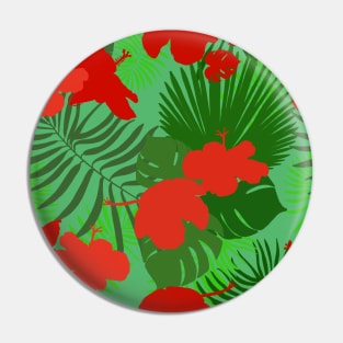 Hand drawn hibiscus, tropical leaves red and green pattern Pin