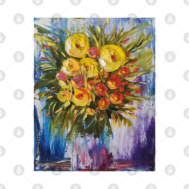 yellow flowers painting, yellow and orange bouquet, flowers in a vase, colorful painting, colorful flowers by roxanegabriel