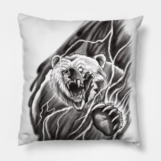 Roaring Bear breaking through the Mist in a Lightning Storm Tattoo Design Pillow