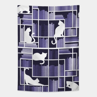 Rainbow bookshelf // monochromatic violet white shelf and library cats Tapestry