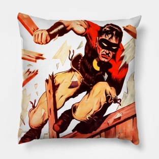 Masked Superhero Force Action Jump Breaking Glass Window Door Le Causeur Redoutable Trio Retro Comic Vintage Old Cartoon Pillow