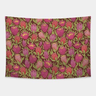 Pink protea flowers with green leaves on brown background Tapestry