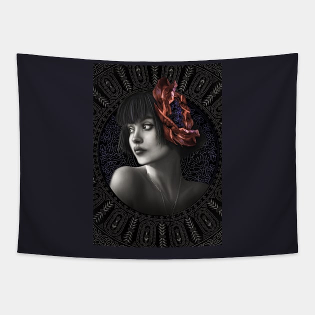 Red Poppy portrait girl digital art Tapestry by Relaxing Art Shop