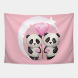 two cute panda graphics with mini eyes hearts pink Tapestry