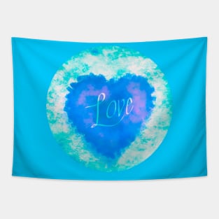 AQUA LOVE HEART CIRCLE, BLUE AND TURQUOISE, HANDWRITTEN WORD LOVE Tapestry